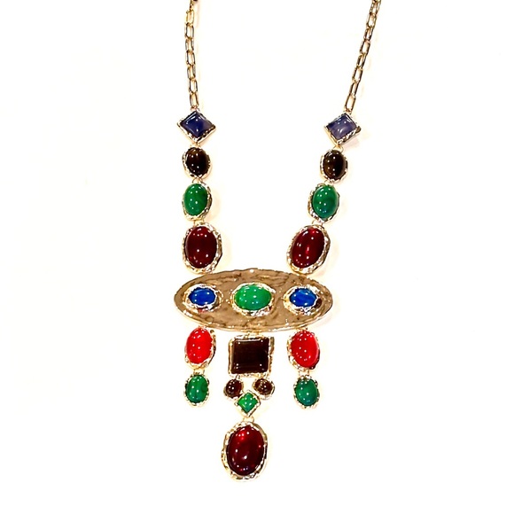 NATASHA Super Shiny Colorful Polished Gold & Gemstone Statement Necklace NWT - Picture 5 of 9